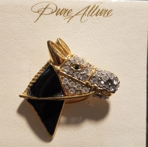 Black Horse Pin with crystals,  golden, Brand New